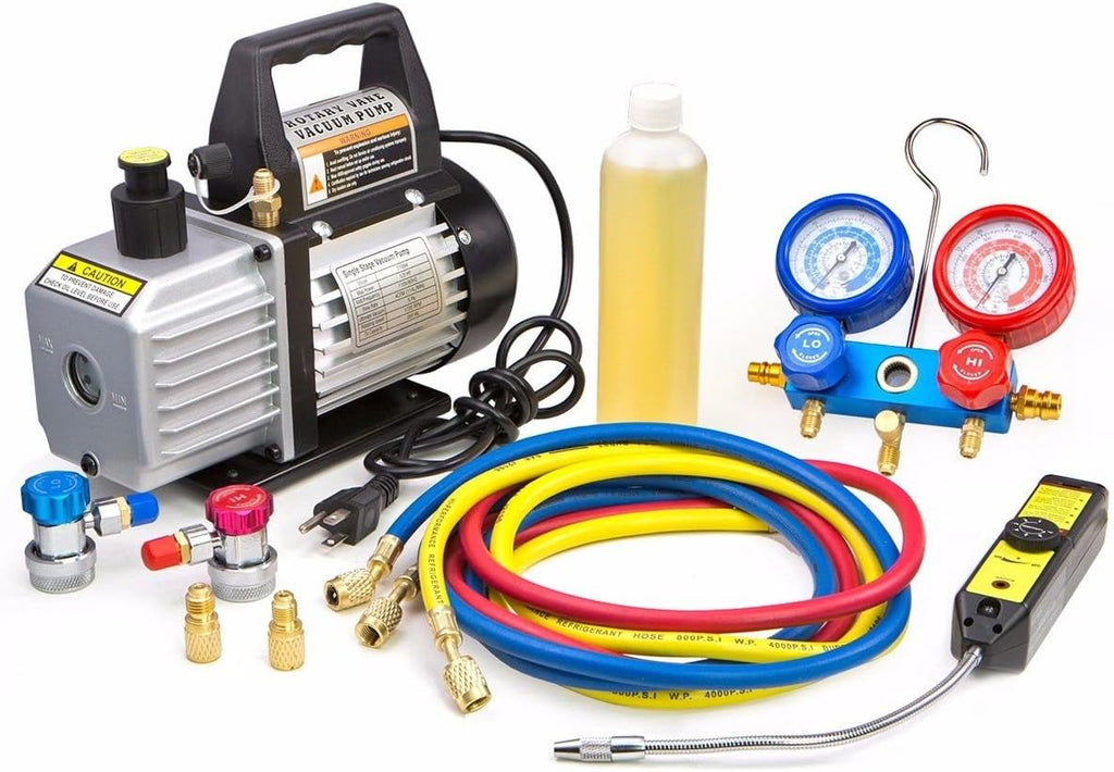 Premium 4CFM Air Vacuum Pump HVAC A/C Refrigeration Kit AC Manifold Gauge Case Set R134a Tap w/Leak Detector and Carrying Tote Bag