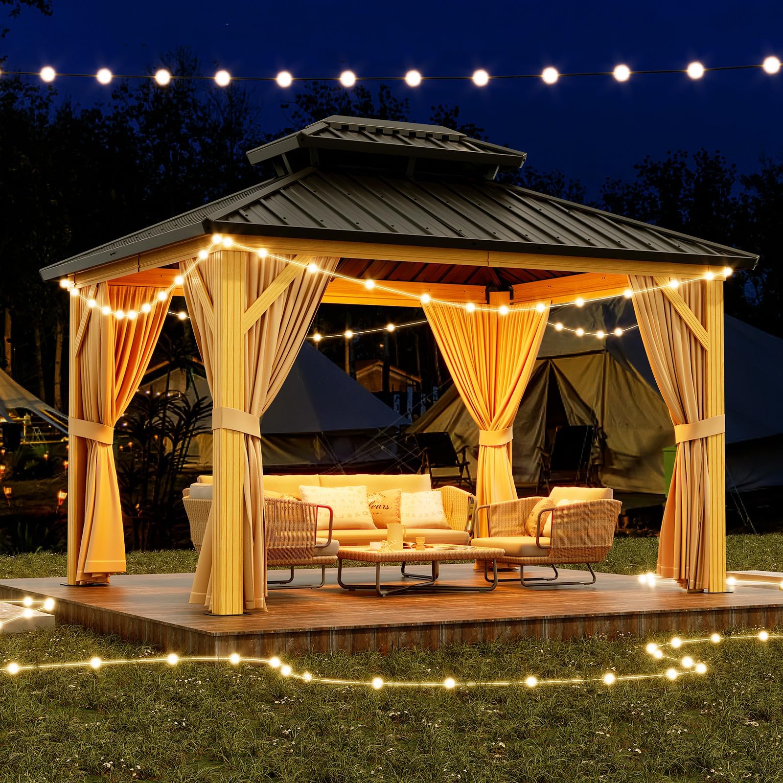 10X13 FT Outdoor Galvanised Steel Hardtop Gazebo, Heavy Duty Double Roof Outdoor Gazebo with Netting and Sunshade Curtains, Aluminium Framed Gazebo for Patio, Terrace, Lawn and Deck, Khaki