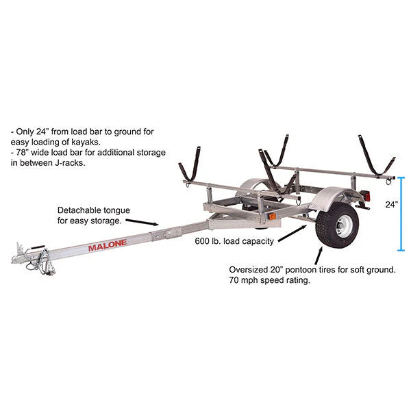 Malone LowMax 2 Kayak Trailer Package, 600 lb Capacity, Galvanized Steel, LED Lights, 70 MPH Rated Tires
